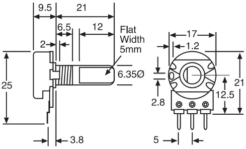 V16L Log Potentiometer  B Taper D Shaft Dimension png