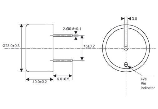 Technical illustration showing the dimensions of a PCB mount 23mm diameter piezo buzzer.