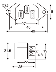 Technical illustration showing the dimensions of an IEC male chassis plug.