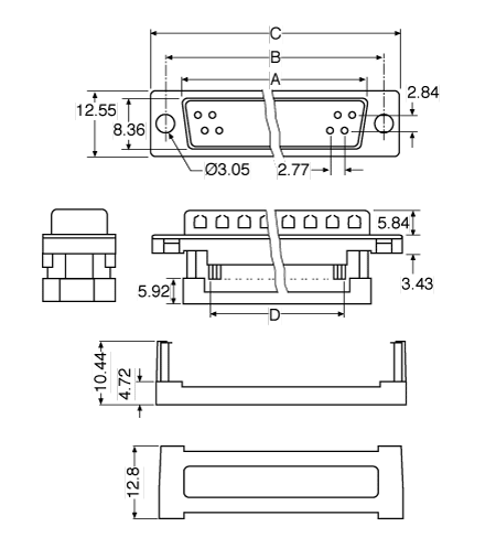 Technical illustration showing the dimensions of a D plug for flat ribbon.