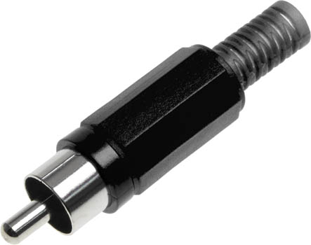 Photo of a black RCA plug.