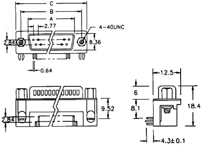 Technical illustration showing the dimensions of a female right angle PCB.