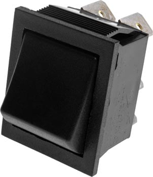 Photo of a black double pole double throw (DPDT) on-off-on rocker switch.