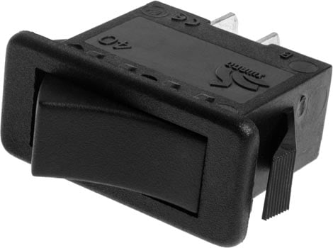 Photo of a black single pole single throw (SPST) on-off rocker switch.