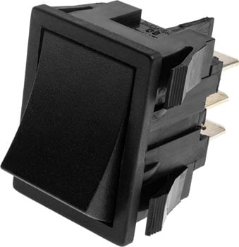 Photo of a black double pole double throw (DPDT) on-on rocker switch.