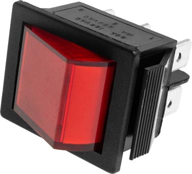 Photo of an illuminated double pole double throw (DPDT) on-off rocker switch.