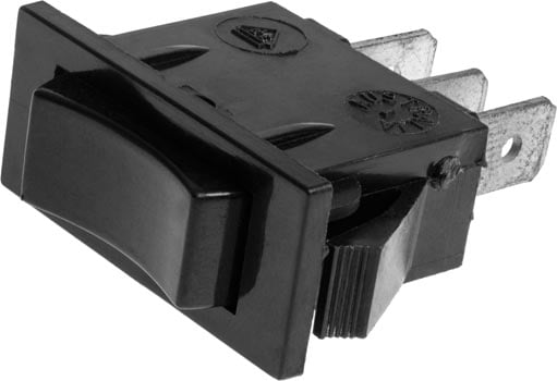 Photo of a black single pole double throw (SPDT) on-off-on rocker switch.
