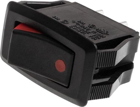 Photo of a single pole single throw (SPST) red marked rocker switch.