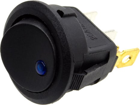 Photo of the top of a round rocker switch with a blue LED light.