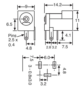 Technical illustration showing the dimensions of a black 2.1mm pin DC PCB socket.