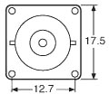 Dimension illustration of the front of a BNC flange type chassis socket: 17.5mm height and width, 12.7mm to the centre holes.