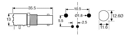 Technical illustration showing the dimensions of a horizontal BNC PCB insulated socket.