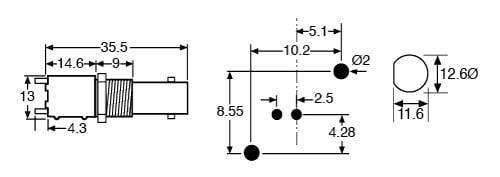 Technical illustration showing the dimensions of a vertical BNC PCB insulated socket.