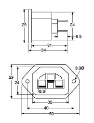 Dimension illustration showing the dimensions of an IEC female chassis socket.