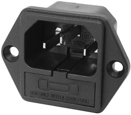 Photo of a fused IEC chassis socket, taken from a low angle that shows the socket side.