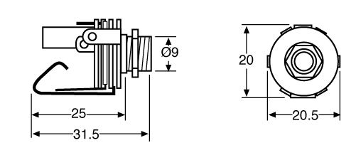 Technical illustration showing the dimensions of a 6.5mm stereo chassis socket.