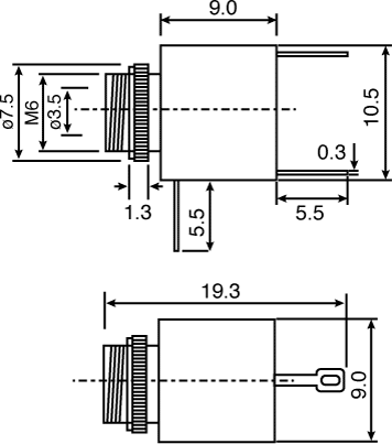Technical illustration showing the dimensions of a 3.5mm stereo panel socket that is non-switching.