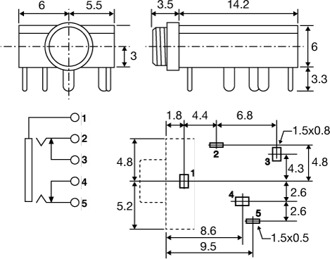 Technical illustration showing the dimensions of a 3.5mm switching stereo PCB socket.