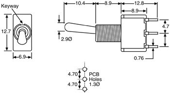 Technical illustration showing the dimensions of a single pole double throw mom-off-mom mini toggle switch.