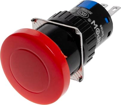 Photo of a red SPDT momentary push button switch rated IP65.