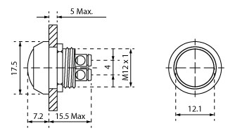 Technical illustration showing the dimensions of a black push dome momentary switch.