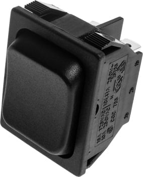 Photo of a double pole double throw momentary on each way black rocker switch.
