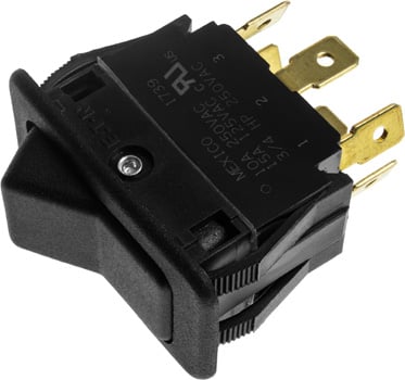 Photo of a double pole double throw on-off-on black rocker switch.