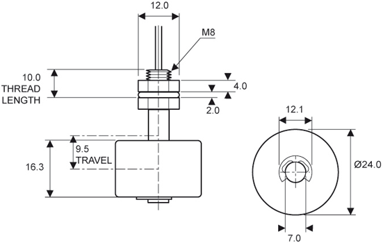 Dimension illustration of a float switch with a 50 millimetre wire.