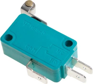 Photo of a single pole double throw (SPDT) micro switch with a short roller.