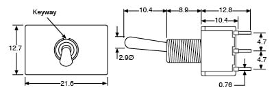 Technical illustration showing the dimensions of a four pole double through mini toggle switch.