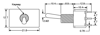 Technical illustration showing the dimensions of a four pole double through mini toggle switch.