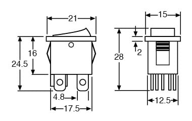 Technical illustration showing the dimensions of DPST mini rocker switch.