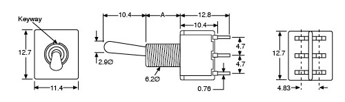 Technical illustration showing the dimensions of a mini toggle switch.