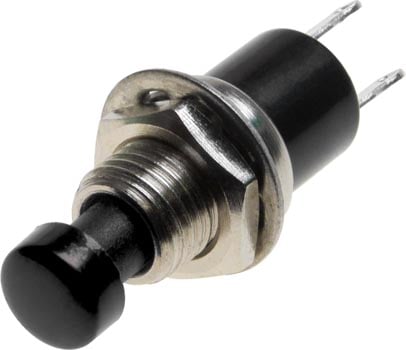 Photo of a black miniature push button switch.