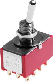 Photo of a 4 pole double throw (4PDT) miniature toggle switch.