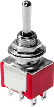 Photo of a double pole double throw (DPDT) miniature toggle switch.