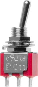 Photo of a single pole double throw (SPDT) miniature toggle switch.