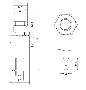 Technical illustration showing the dimensions of a momentary N.C. push off switch.