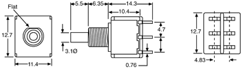 Technical illustration showing the dimensions of a double pole double through momentary push button switch.