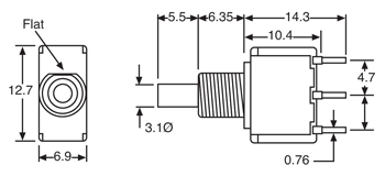 Technical illustration showing the dimensions of a single pole double through momentary push button switch.
