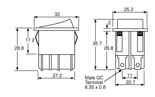 Technical illustration showing the dimensions of a black double pole double throw rocker switch.