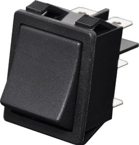 Photo of a double pole double throw (DPDT) black ON-ON rocker switch.