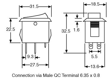 Technical illustration showing the dimensions of an illuminated single pole single throw ON-OFF rocker switch.