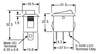 Technical illustration showing the dimensions of a red marked single pole single throw rocker switch.