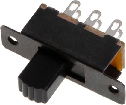 Photo of a double pole double throw (DPDT) mini slide switch.