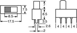 Technical illustration showing the dimensions of a mini PCB DPDT slide switch.