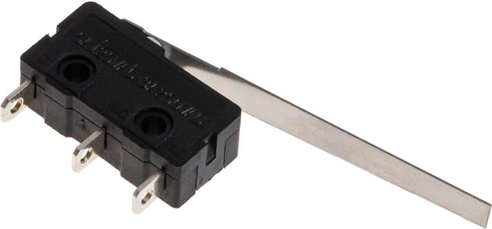 Photo of a sub-mini micro switch with a long lever that has a 37mm length.
