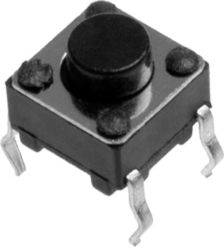 Photo of a 6mm by 6mm single pole single throw (SPST) tactile switch.