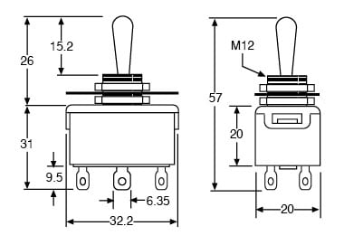Technical illustration showing the dimensions of a 10A double pole double throw on-off-on toggle switch.