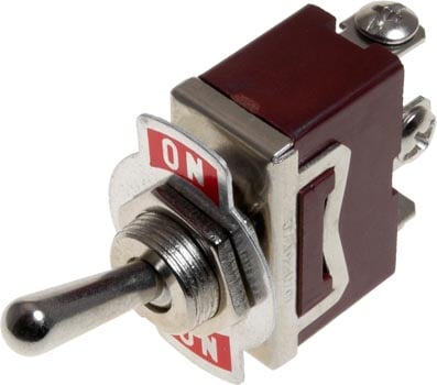 Photo of a 10A single pole double throw (SPDT) toggle switch with screw terminals.